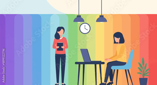 Two women in a colorful office, one standing with a tablet, one seated at a laptop