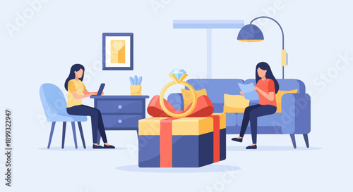 Two women in a living room, one at a desk, the other on a couch near a gift