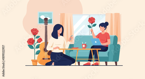 Two women in a living room with a guitar, roses, and a laptop