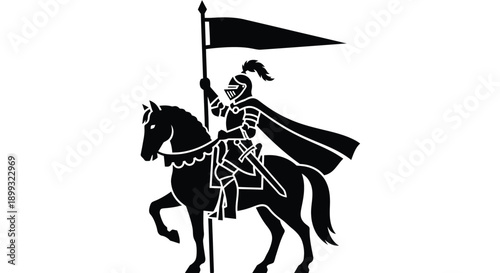 Medieval knight in armor riding horse with flag in hand