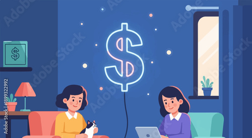 Two women in a living room with a large neon dollar sign