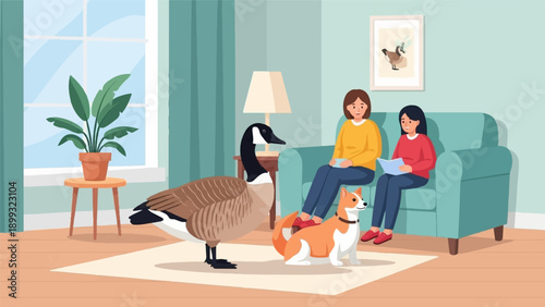 Two women and pets relax indoors by a window and on a couch