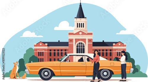Two women and dogs stand by a vintage car in front of a grand brick building