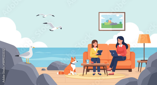 Two women and dog relax by the ocean, with seagulls overhead
