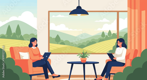 Two women relax in a living room, looking at tablets, with a scenic view