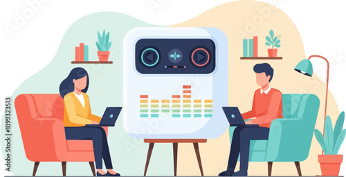 Two people working on laptops near a music player with an equalizer