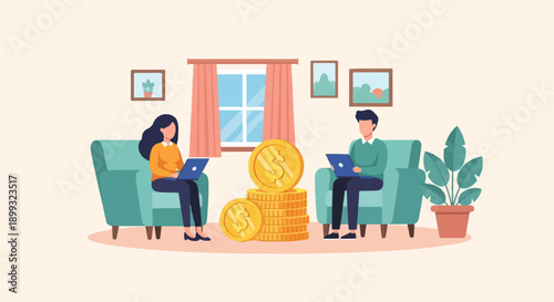 Two people working on laptops next to stacks of money