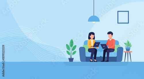 Two people working on laptops on a couch in a modern living room