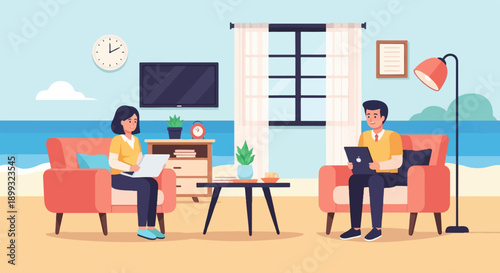 Two people working on laptops on a beach, with a cozy indoor setup