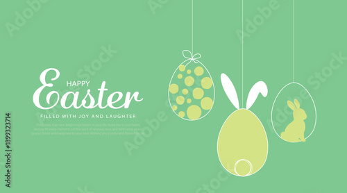 Happy Easter card with easter eggs garland and rabbit. Simple vector decoration design.