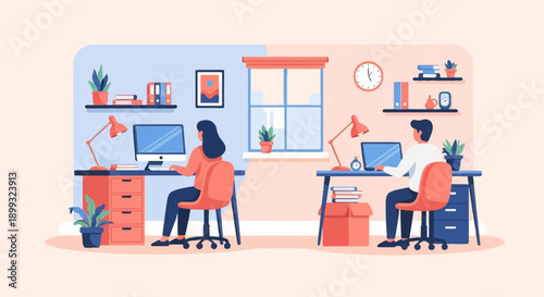 Two people working on computers at separate desks in brightly lit rooms