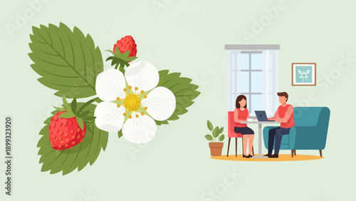 Two people working on laptop next to strawberry flower