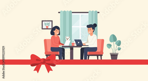 Two people working on laptops, a dog, and a plant in a room