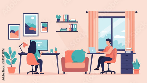 Two people working on laptops at desks, with plants, art and a fuzzy pet