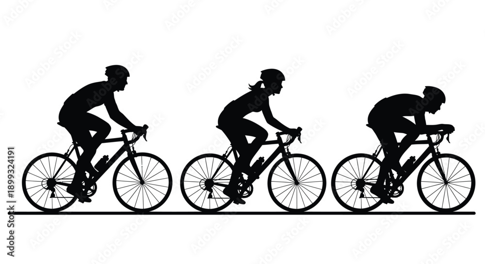 Obraz premium Silhouettes of three cyclists riding bicycles in a row on white background