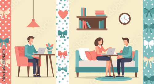 Two people working on laptops in a cozy, decorated room with bows and polka dots