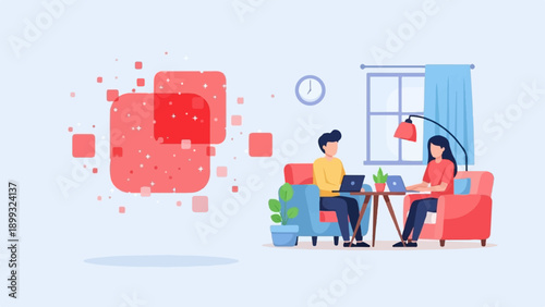 Two people working on laptops in a comfortable room with abstract shapes