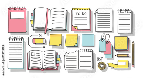A collection of various stationery items including notebooks, sticky notes, erasers, pencils, and tape dispensers, arranged in a flat lay style.