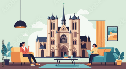 Two women relax in a living room with a cathedral backdrop and modern decor