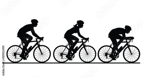 Silhouettes of three cyclists riding bicycles in a row on white background