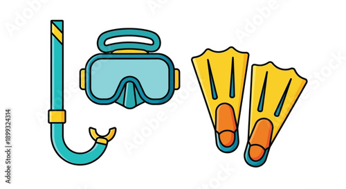 Snorkeling gear including mask, snorkel, and flippers on white background