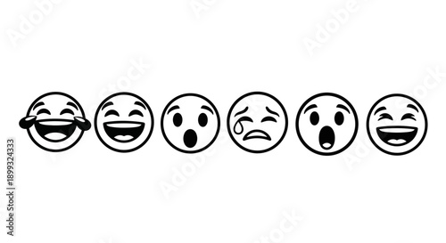 A row of six cartoon-style emoji faces showing various emotions, from laughter to crying.