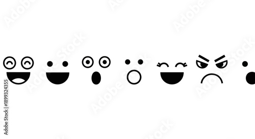 A collection of diverse cartoon facial expressions rendered in a simple black and white line art style.