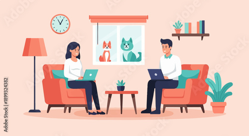 Two people working on laptops in a cozy living room with pets