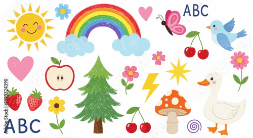 A vibrant collection of whimsical illustrations featuring a smiling sun, rainbow, butterfly, birds, fruits, flowers, trees, and other cheerful elements.