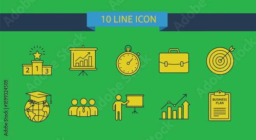 Business icons set for marketing and finance professionals on green background