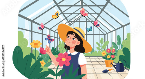 Girl wearing sun hat watching butterflies in greenhouse with flowers and glass roof, showing nature discovery, environmental learning, and peaceful zoo experience in flat vector style