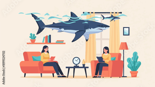 Two women relax in a living room with sharks swimming overhead