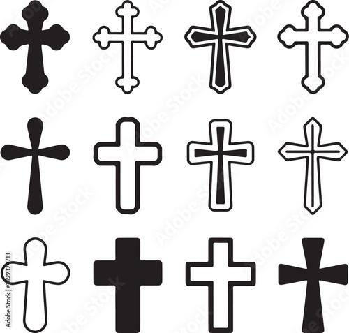 Big set of christian orthodoxy crosses in different styles and shapes isolated on white background. Cross as symbol of easter, faith, death and resurrection