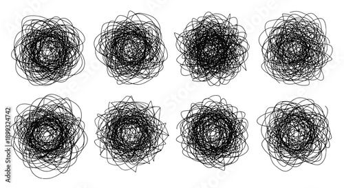 A collection of eight abstract, circular, black scribbles on a white background, resembling tangled thread or chaotic lines.