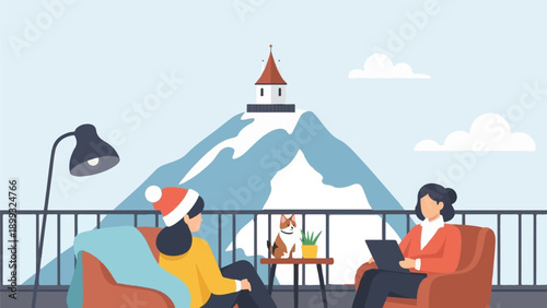 Two women and dog enjoy balcony view of snowy mountain with structure