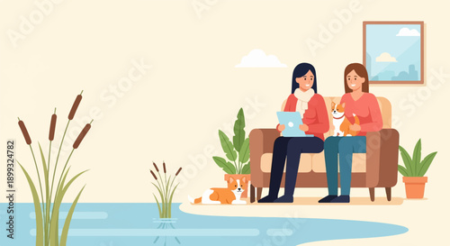 Two women and corgi dogs relax by a serene lake with cattails