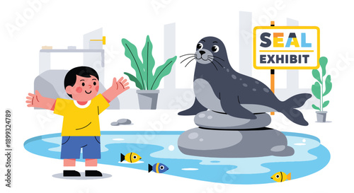 Child waving at seals resting on rocks beside ocean-style pool, showing marine animal interaction, curiosity, and joyful zoo learning experience in modern flat vector illustration