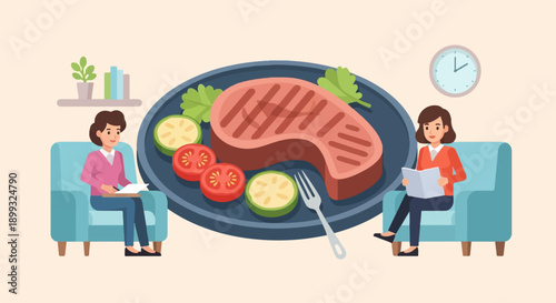 Two women relax in armchairs, one with a steak meal, the other reads