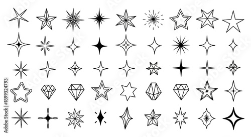 A collection of various star and diamond shapes, including sparkles, geometric designs, and outlines, presented in a grid format.
