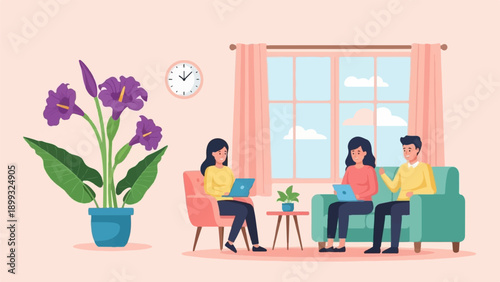 Two women and a man working on laptops in a cozy living room