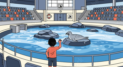Child waving at seals resting on rocks beside ocean-style pool, showing marine animal interaction, curiosity, and joyful zoo learning experience in modern flat vector illustration
