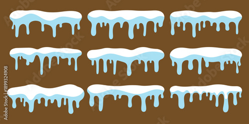 Icy snow cap collection. Winter frost decoration. Border frozen frame isolated design. Winter snow elements snow caps, icicles, and frost borders. Perfect for holiday frames, banners, and seasonal 