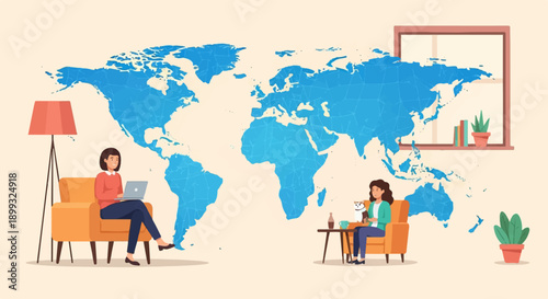 Two women relax in armchairs with a world map backdrop and home decor