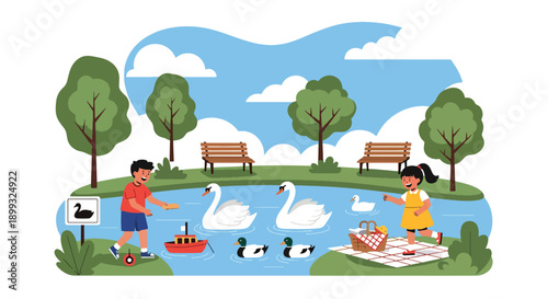 Kids enjoying picnic near lake with swans and ducks under trees, showing relaxing family moment, nature appreciation, and balanced zoo visit in modern flat vector illustration