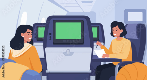 Two women in an airplane cabin with entertainment screens