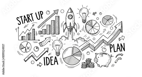 A hand-drawn sketch illustrating the concept of a startup business, featuring a rocket launching, charts, graphs, lightbulbs, pie charts, a piggy bank, and the words 'Start Up', 'Idea', and 'Plan'.