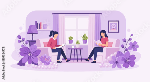 Two women relax in chairs, reading books in a cozy, flower-adorned room