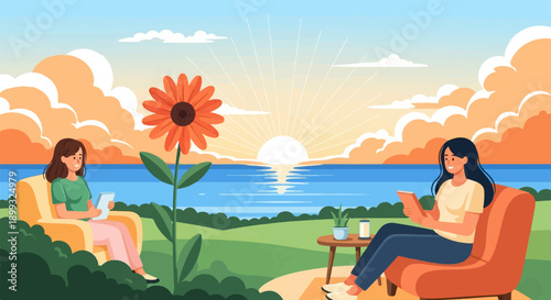 Two women relax in chairs by a vibrant sea at sunset, enjoying books