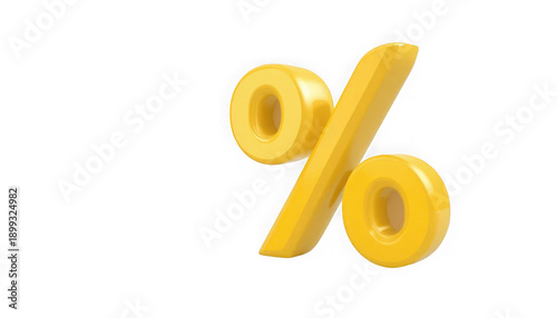 Shiny three dimensional bright yellow percentage symbol icon floating dramatically in empty space on transparent background