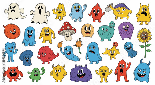 A vibrant collection of diverse, cartoonish monsters and fantastical creatures in various colors and shapes.